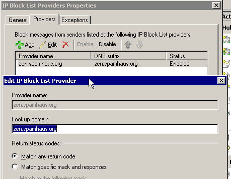 Exchange 2007 IP block list Provider